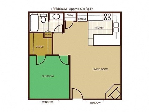 1 Bed Floor Plan at Mountain View Villa Apartments, Arizona
